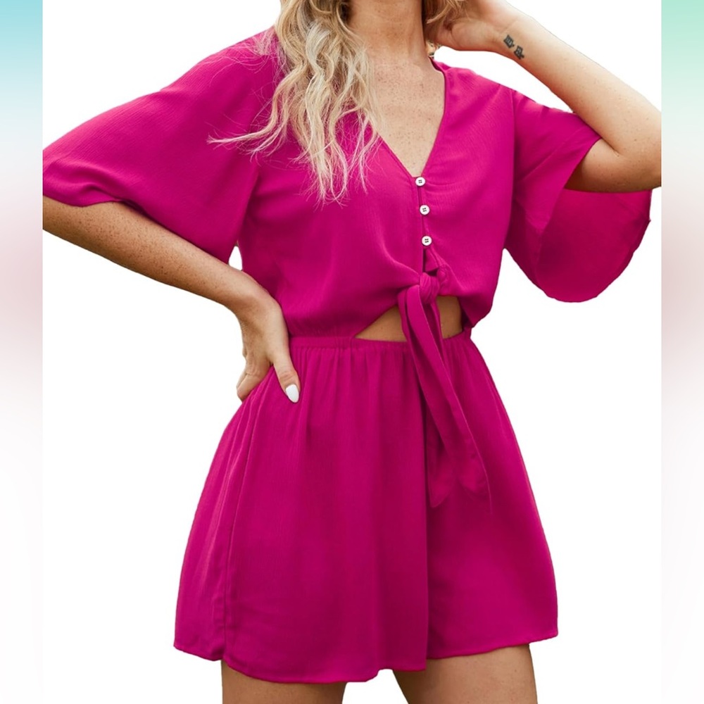 🎀NWT Beautiful Nomad Women's Beach Romper Button Tie Front Summer Short Jumpsuit